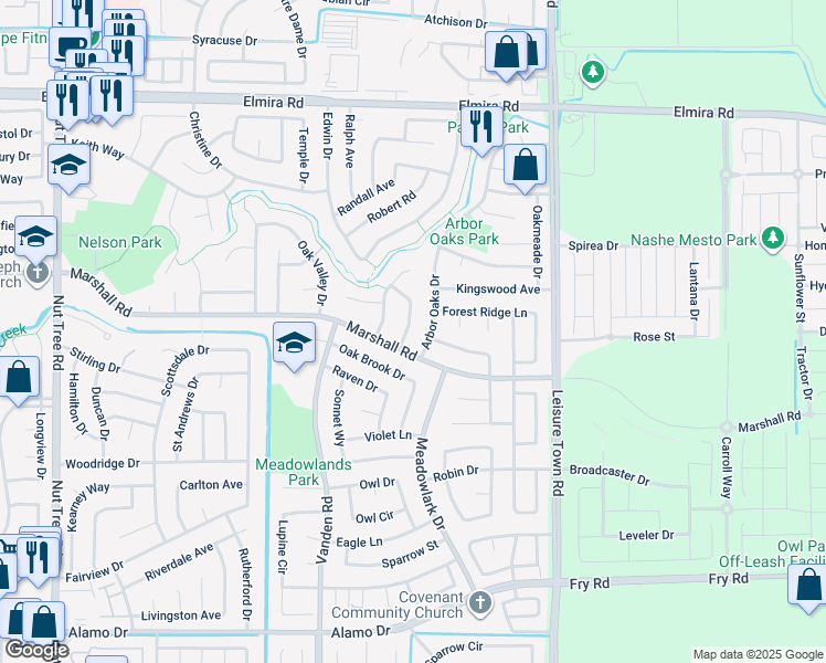 map of restaurants, bars, coffee shops, grocery stores, and more near 919 Cedar Brook Lane in Vacaville