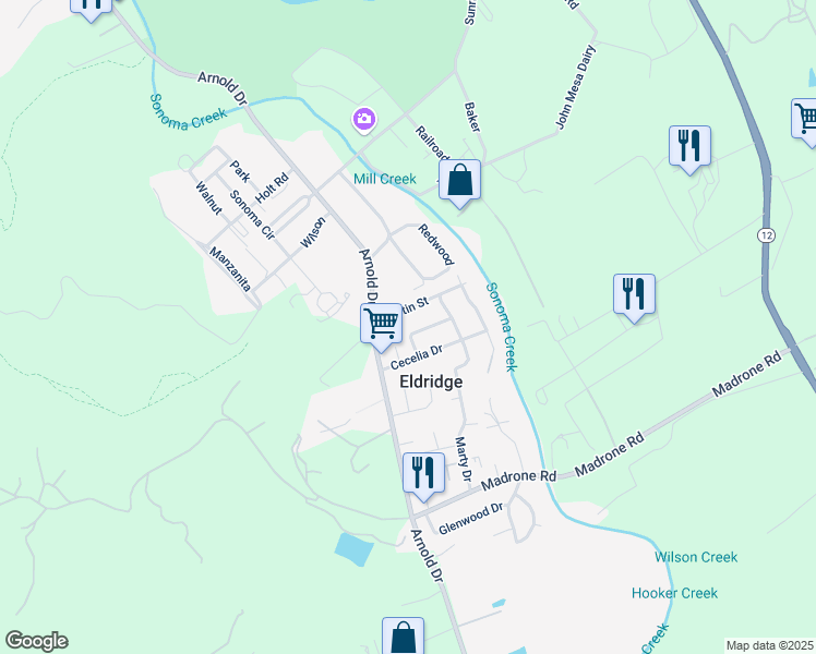 map of restaurants, bars, coffee shops, grocery stores, and more near 865 Lorna Drive in Glen Ellen