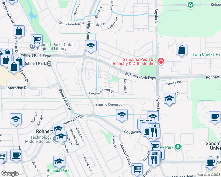 map of restaurants, bars, coffee shops, grocery stores, and more near 6502 Meadow Pines Avenue in Rohnert Park