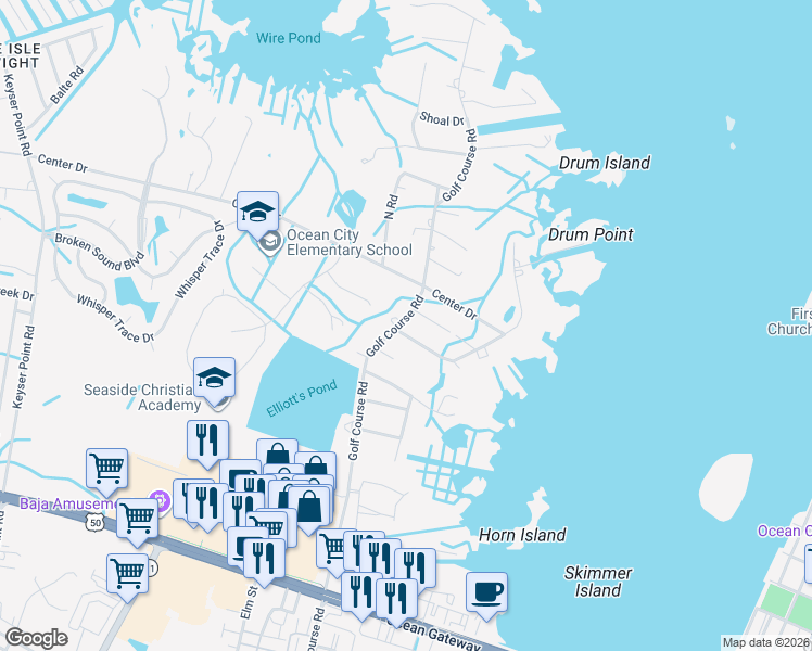 map of restaurants, bars, coffee shops, grocery stores, and more near 10222 Golf Course Rd in Ocean City
