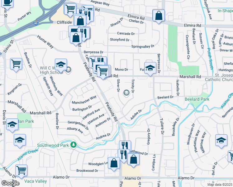 map of restaurants, bars, coffee shops, grocery stores, and more near 550 Silver Drive in Vacaville