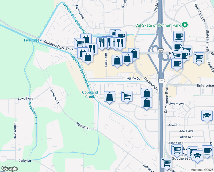 map of restaurants, bars, coffee shops, grocery stores, and more near 154 Almeria Court in Rohnert Park