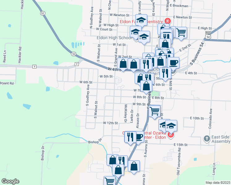 map of restaurants, bars, coffee shops, grocery stores, and more near 706 South Grand Avenue in Eldon