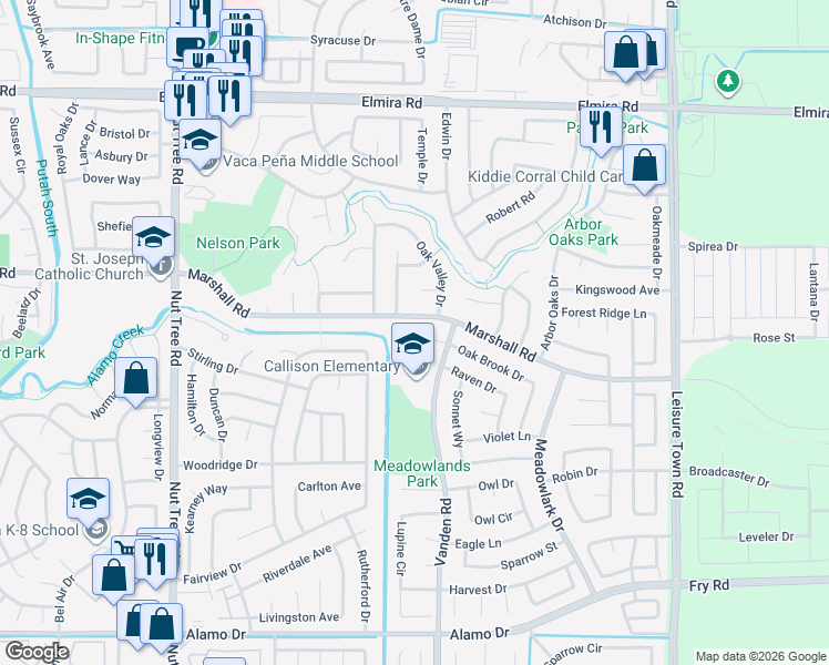 map of restaurants, bars, coffee shops, grocery stores, and more near 136 Oak Brook Court in Vacaville