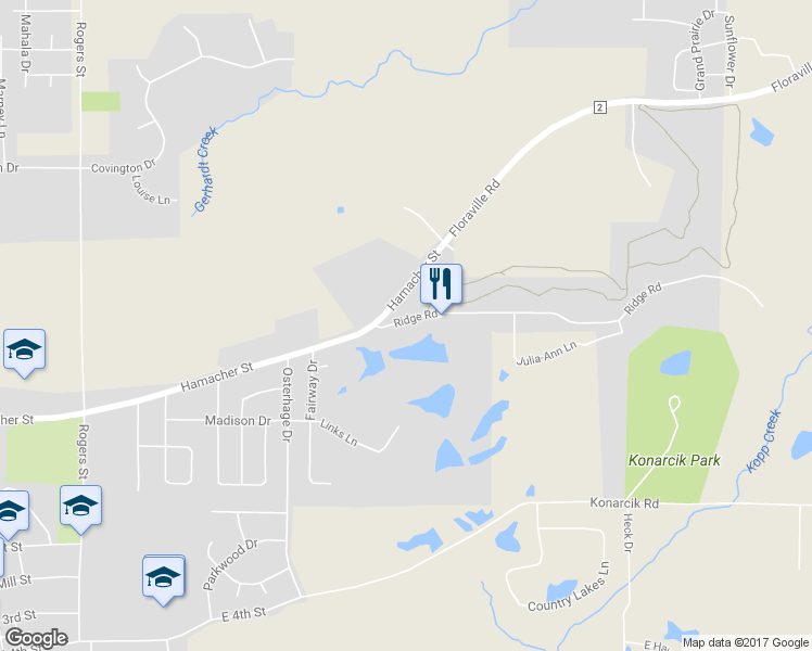 map of restaurants, bars, coffee shops, grocery stores, and more near 709 Ridge Road in Waterloo