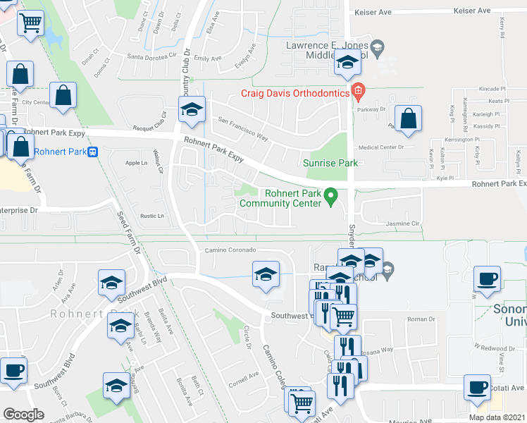 map of restaurants, bars, coffee shops, grocery stores, and more near 6466 Amberwood Street in Rohnert Park