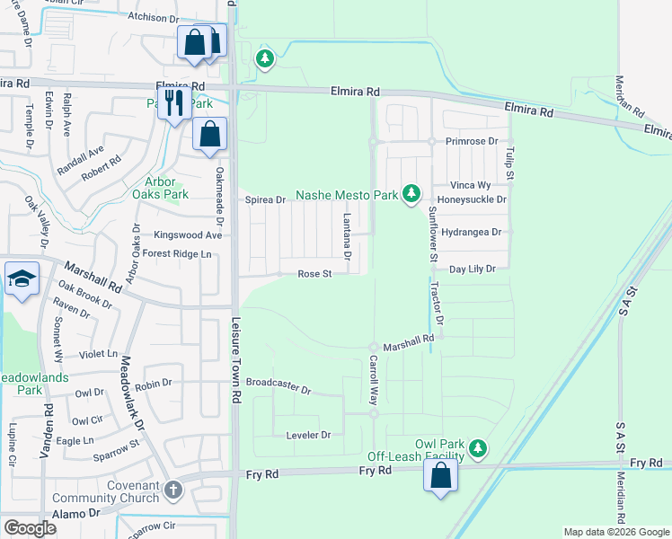 map of restaurants, bars, coffee shops, grocery stores, and more near 472 Rose Street in Vacaville