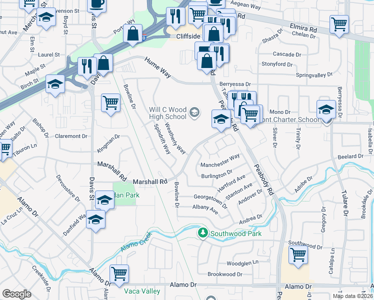 map of restaurants, bars, coffee shops, grocery stores, and more near 385 Weatherly Way in Vacaville