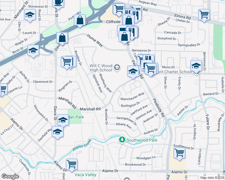 map of restaurants, bars, coffee shops, grocery stores, and more near 385 Weatherly Way in Vacaville