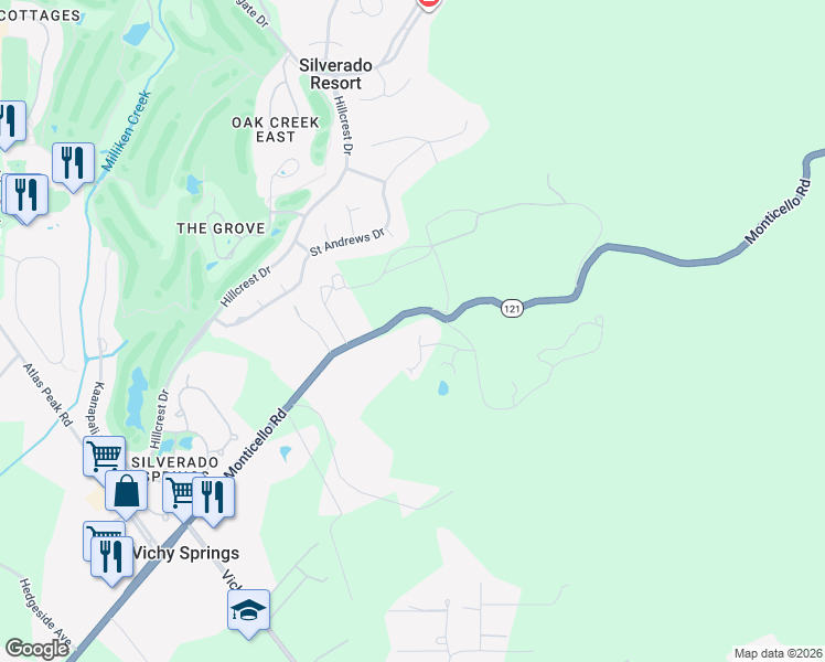map of restaurants, bars, coffee shops, grocery stores, and more near 2277 Monticello Road in Napa
