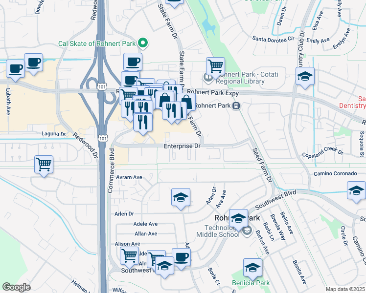 map of restaurants, bars, coffee shops, grocery stores, and more near 345 Enterprise Drive in Rohnert Park