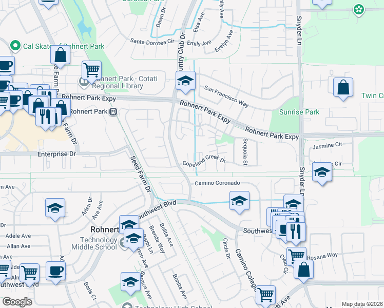map of restaurants, bars, coffee shops, grocery stores, and more near 909 Joanne Court in Rohnert Park