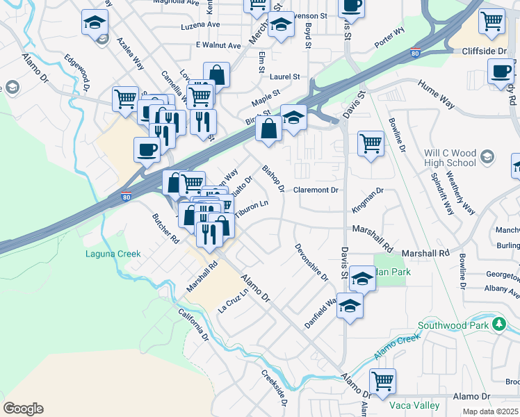 map of restaurants, bars, coffee shops, grocery stores, and more near 621 Tiburon Lane in Vacaville