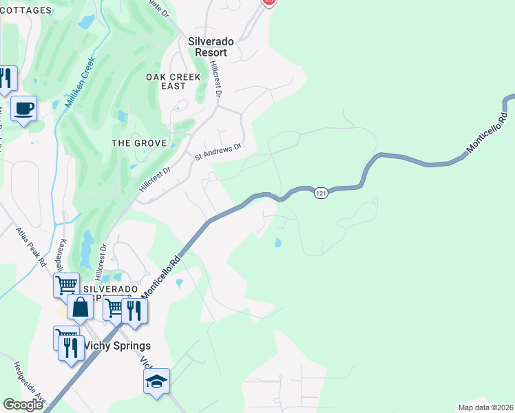 map of restaurants, bars, coffee shops, grocery stores, and more near 2277 Monticello Road in Napa