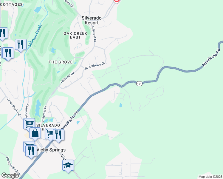 map of restaurants, bars, coffee shops, grocery stores, and more near 2277 Monticello Road in Napa