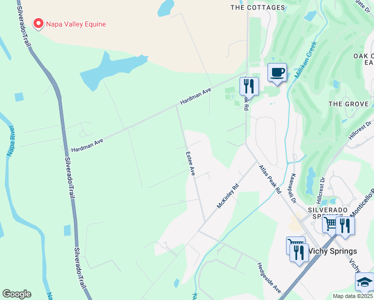 map of restaurants, bars, coffee shops, grocery stores, and more near 1581 Estee Avenue in Napa