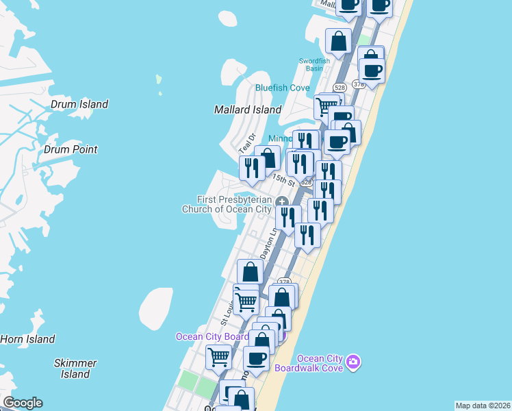 map of restaurants, bars, coffee shops, grocery stores, and more near 1 13th Street in Ocean City
