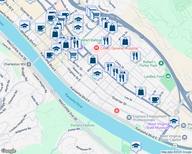 map of restaurants, bars, coffee shops, grocery stores, and more near 112 Maple Terrace in Charleston