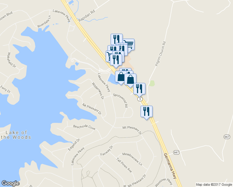 map of restaurants, bars, coffee shops, grocery stores, and more near 223 Spotswood Road in Locust Grove