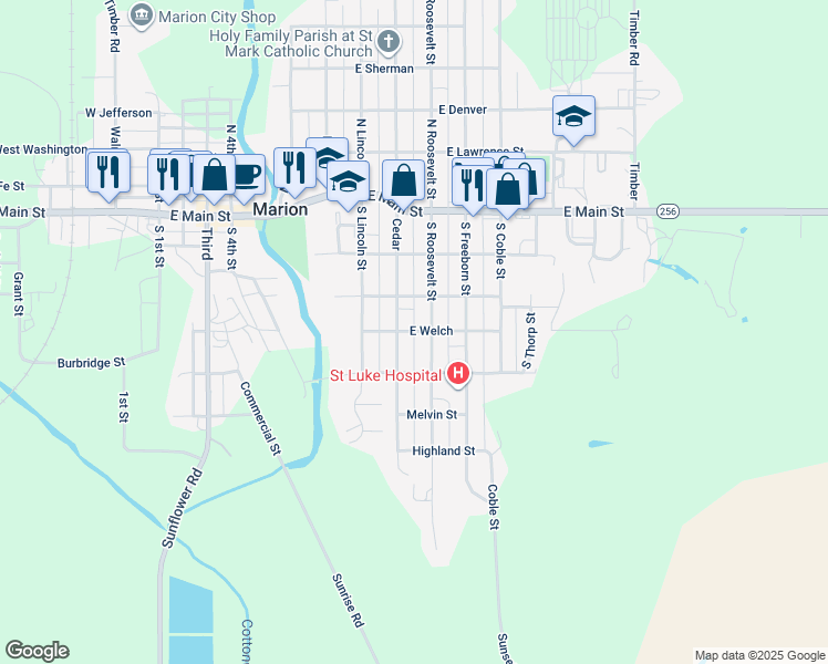 map of restaurants, bars, coffee shops, grocery stores, and more near 901 Welch Street in Marion