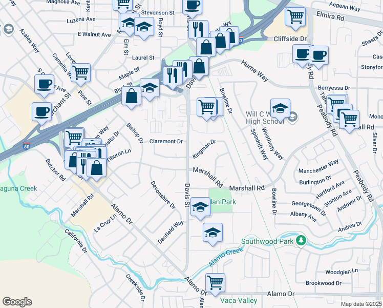 map of restaurants, bars, coffee shops, grocery stores, and more near 965A Davis Street in Vacaville