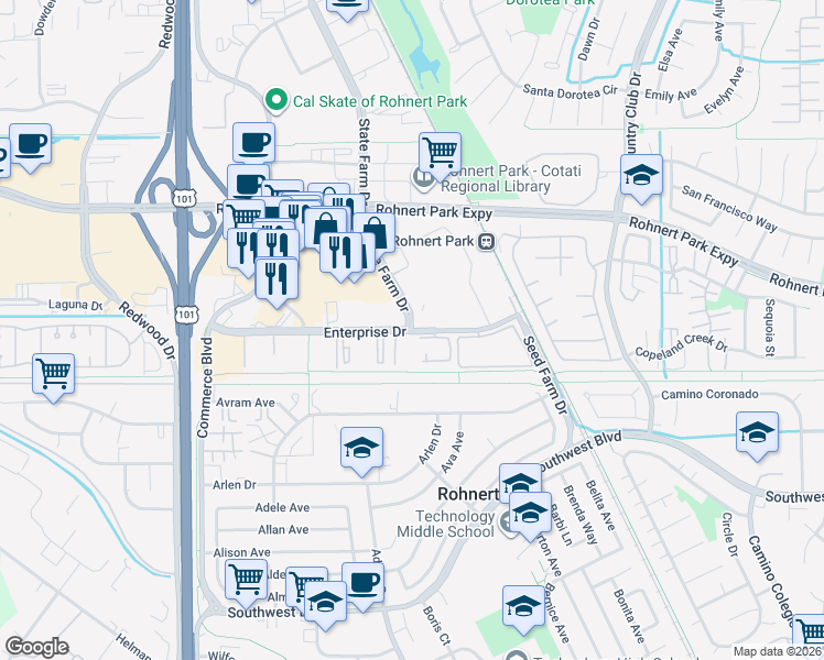 map of restaurants, bars, coffee shops, grocery stores, and more near State Farm Drive & Enterprise Drive in Rohnert Park