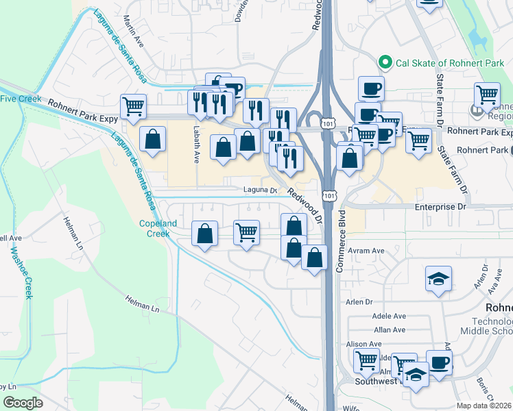 map of restaurants, bars, coffee shops, grocery stores, and more near 73 Soria Court in Rohnert Park