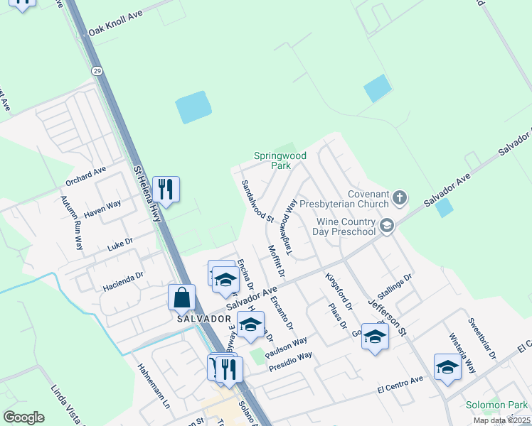 map of restaurants, bars, coffee shops, grocery stores, and more near 4453 Moffitt Drive in Napa
