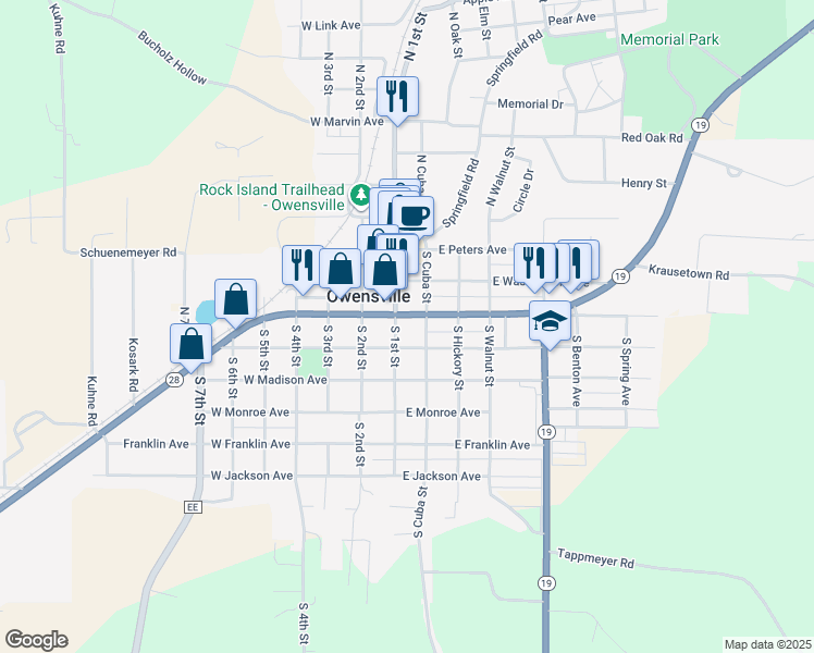 map of restaurants, bars, coffee shops, grocery stores, and more near 112 East Lincoln Avenue in Owensville