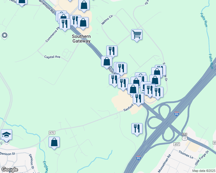 map of restaurants, bars, coffee shops, grocery stores, and more near 26 Iras Lane in Fredericksburg
