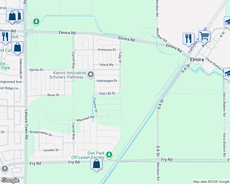 map of restaurants, bars, coffee shops, grocery stores, and more near 972 Day Lily Drive in Vacaville