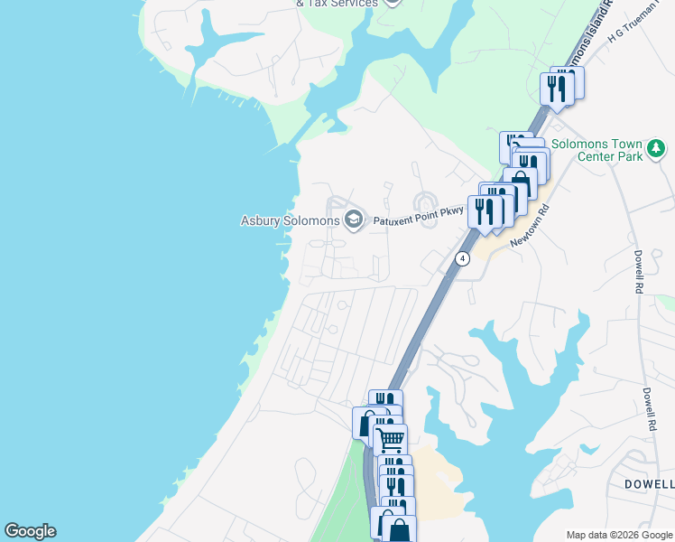 map of restaurants, bars, coffee shops, grocery stores, and more near 202 Emmanuel Way in Solomons