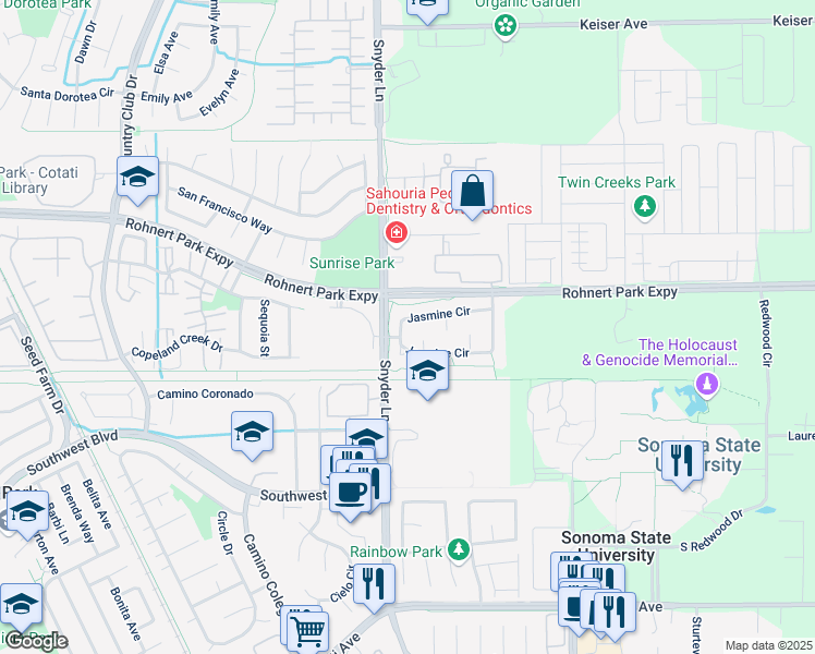 map of restaurants, bars, coffee shops, grocery stores, and more near 1312 Jasmine Circle in Rohnert Park