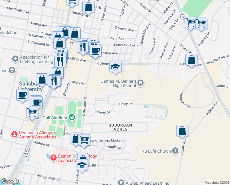 map of restaurants, bars, coffee shops, grocery stores, and more near 308 Cedar Crossing in Salisbury