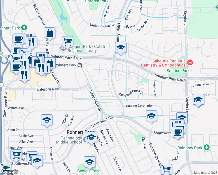 map of restaurants, bars, coffee shops, grocery stores, and more near 36 Walnut Circle in Rohnert Park