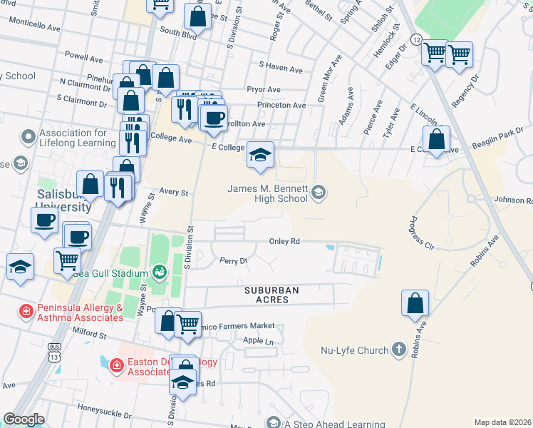 map of restaurants, bars, coffee shops, grocery stores, and more near 314 Cedar Crossing Road in Salisbury