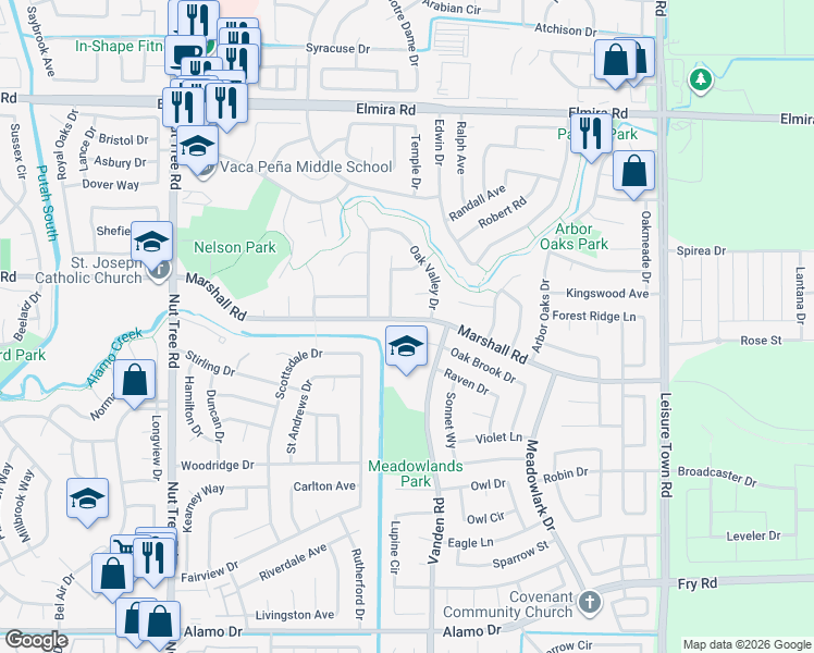map of restaurants, bars, coffee shops, grocery stores, and more near 2099 Marshall Road in Vacaville