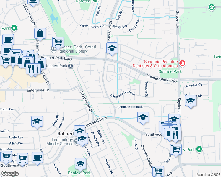 map of restaurants, bars, coffee shops, grocery stores, and more near 908 Joanne Court in Rohnert Park