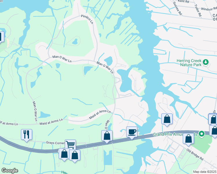 map of restaurants, bars, coffee shops, grocery stores, and more near 12706 Whisper Trace drive in Ocean City