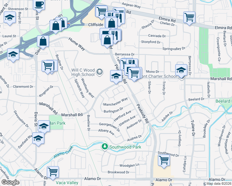 map of restaurants, bars, coffee shops, grocery stores, and more near 999 Marshall Road in Vacaville