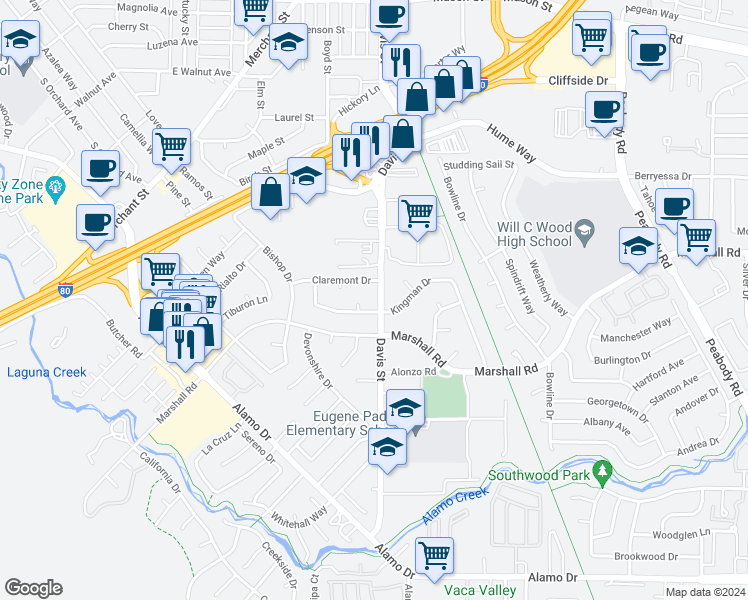 map of restaurants, bars, coffee shops, grocery stores, and more near 952 Davis Street in Vacaville
