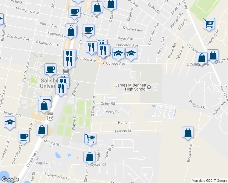map of restaurants, bars, coffee shops, grocery stores, and more near 203 Cedar Crossing in Salisbury
