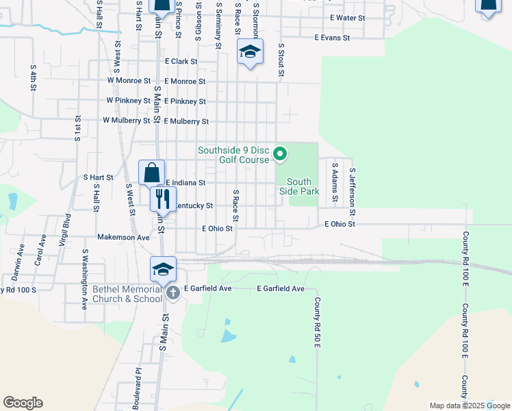 map of restaurants, bars, coffee shops, grocery stores, and more near 601 East Kentucky Street in Princeton