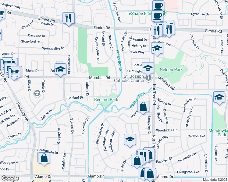 map of restaurants, bars, coffee shops, grocery stores, and more near 812 Beelard Drive in Vacaville