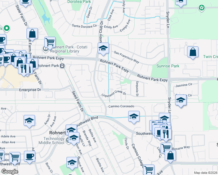 map of restaurants, bars, coffee shops, grocery stores, and more near 11 Cedar Circle in Rohnert Park