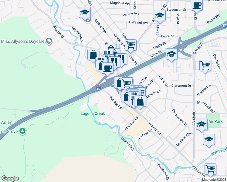 map of restaurants, bars, coffee shops, grocery stores, and more near 187 Butcher Road in Vacaville