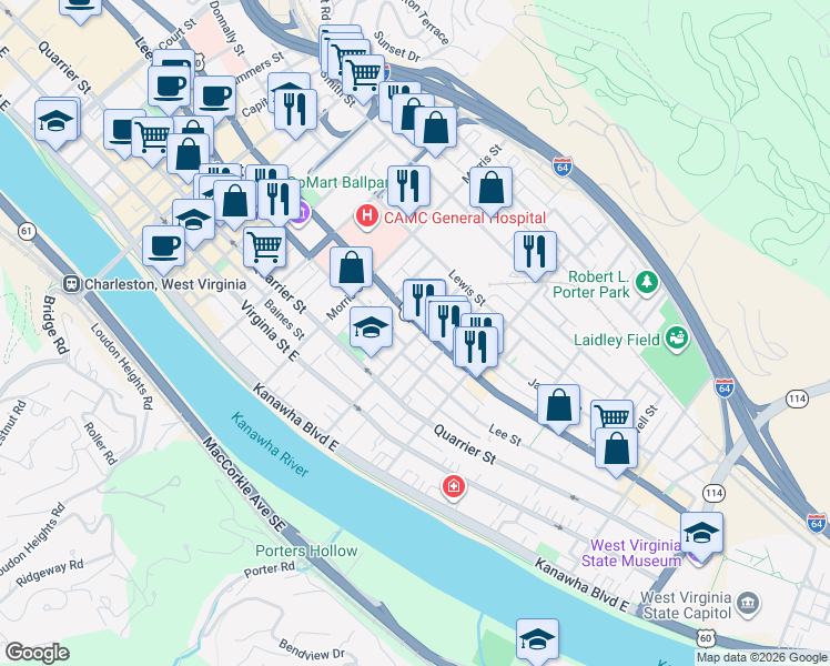map of restaurants, bars, coffee shops, grocery stores, and more near 231 Bradford Street in Charleston