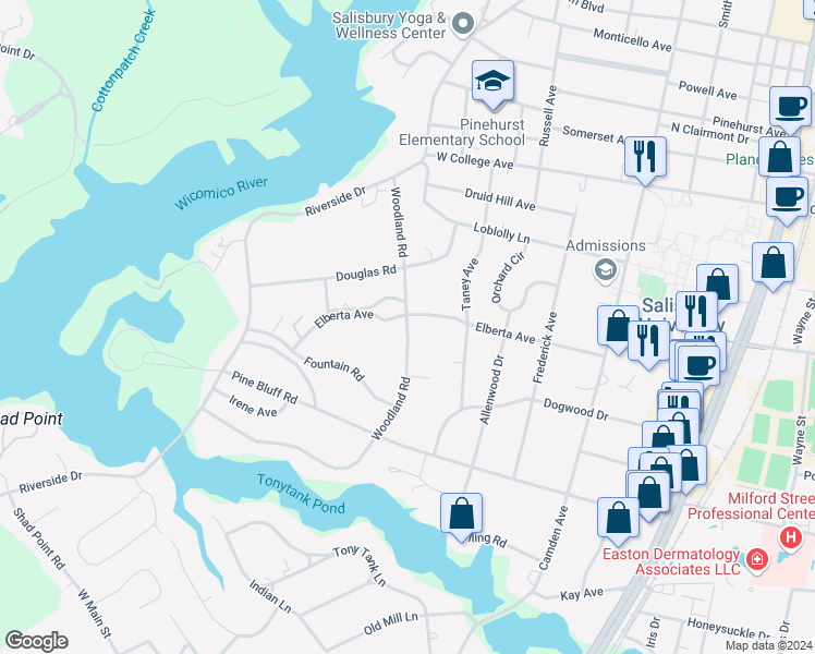 map of restaurants, bars, coffee shops, grocery stores, and more near 1302 Woodland Road in Salisbury