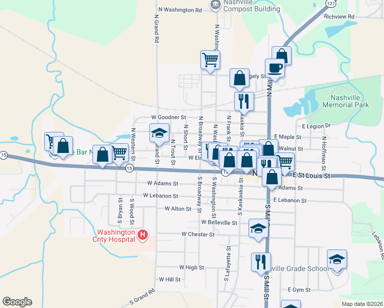 map of restaurants, bars, coffee shops, grocery stores, and more near 175 North Broadway Street in Nashville