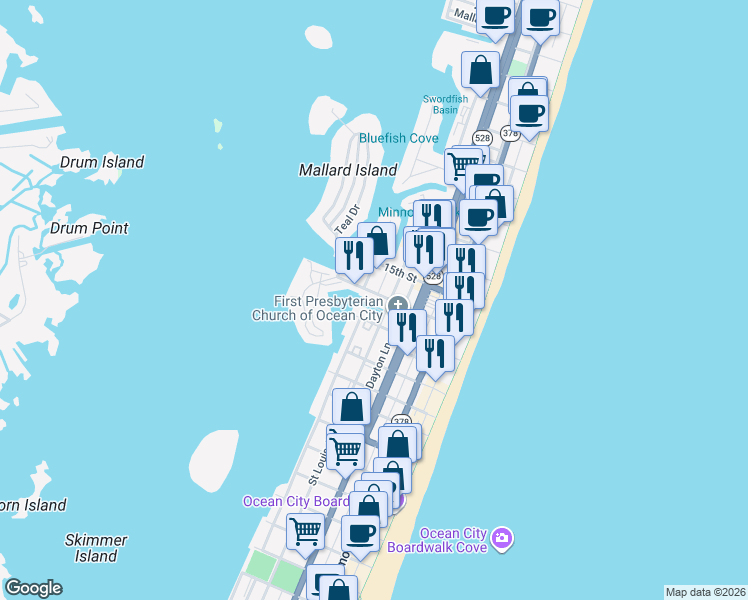 map of restaurants, bars, coffee shops, grocery stores, and more near 301 14th Street in Ocean City